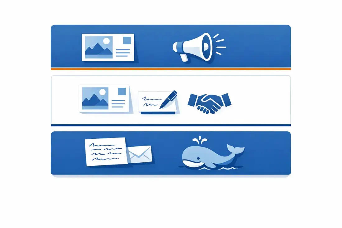 Three-tier direct mail format selector showing printed reach, hybrid engage, and handwritten whales