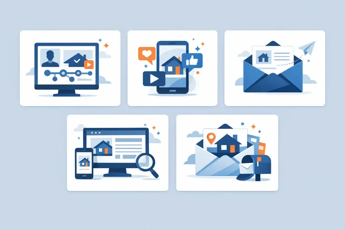 Real estate marketing toolkit illustration showing CRM, social media, email automation, website, and direct mail