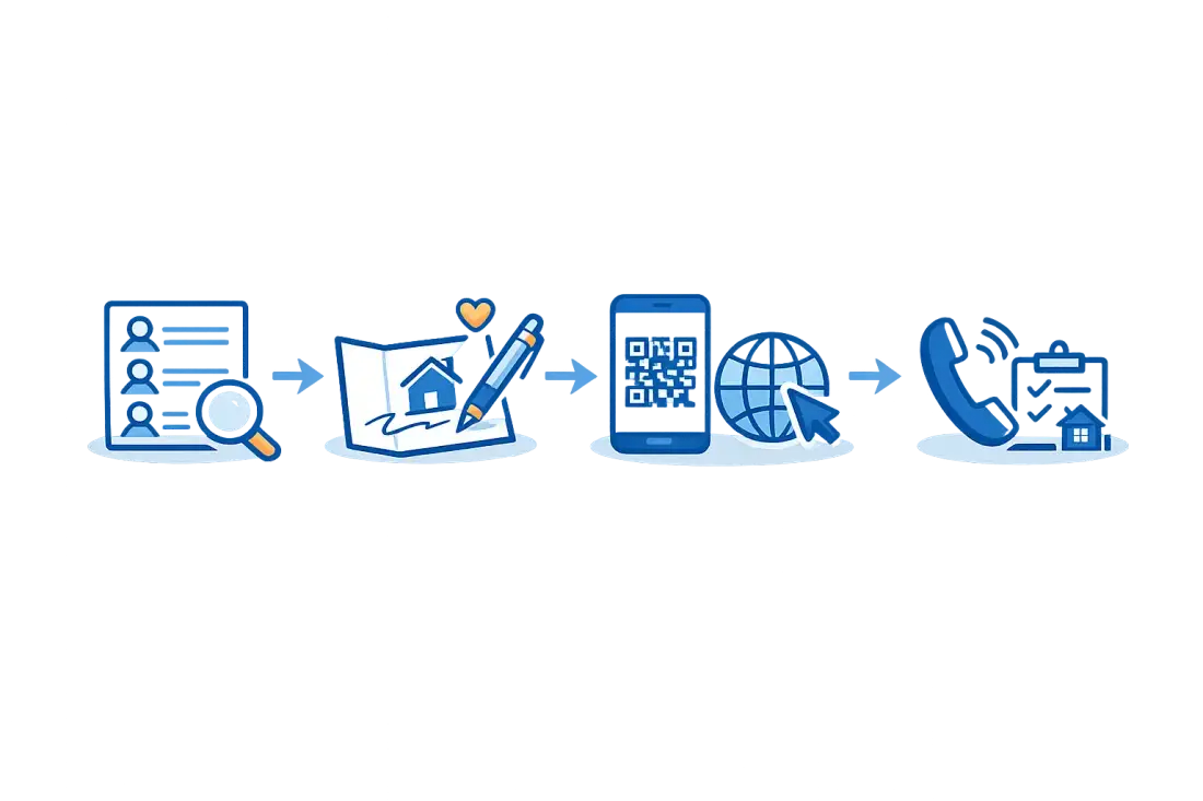 Handwritten direct mail automation workflow for real estate showing personalization, tracking, and follow-up