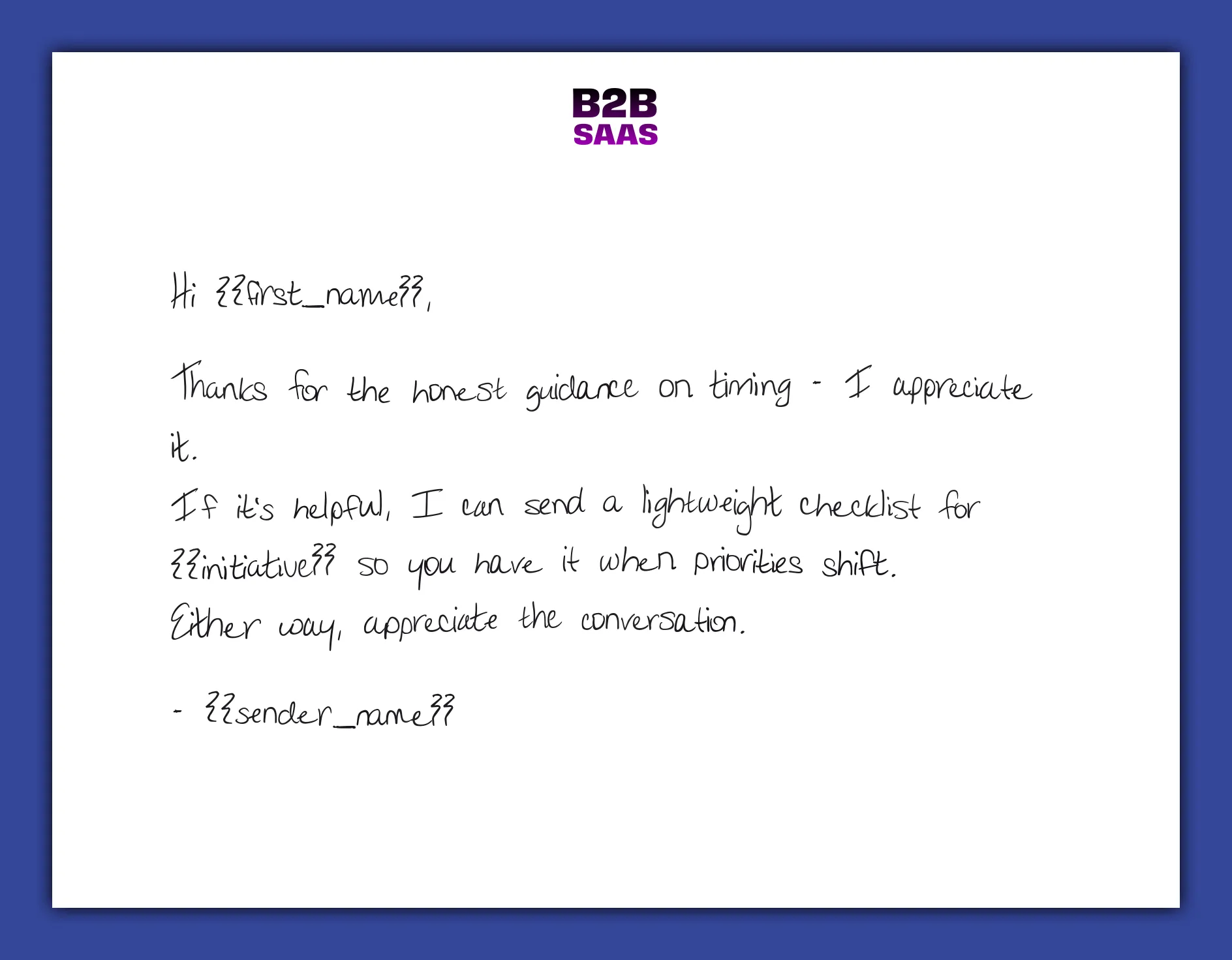 Not now / defer handwritten thank you note example