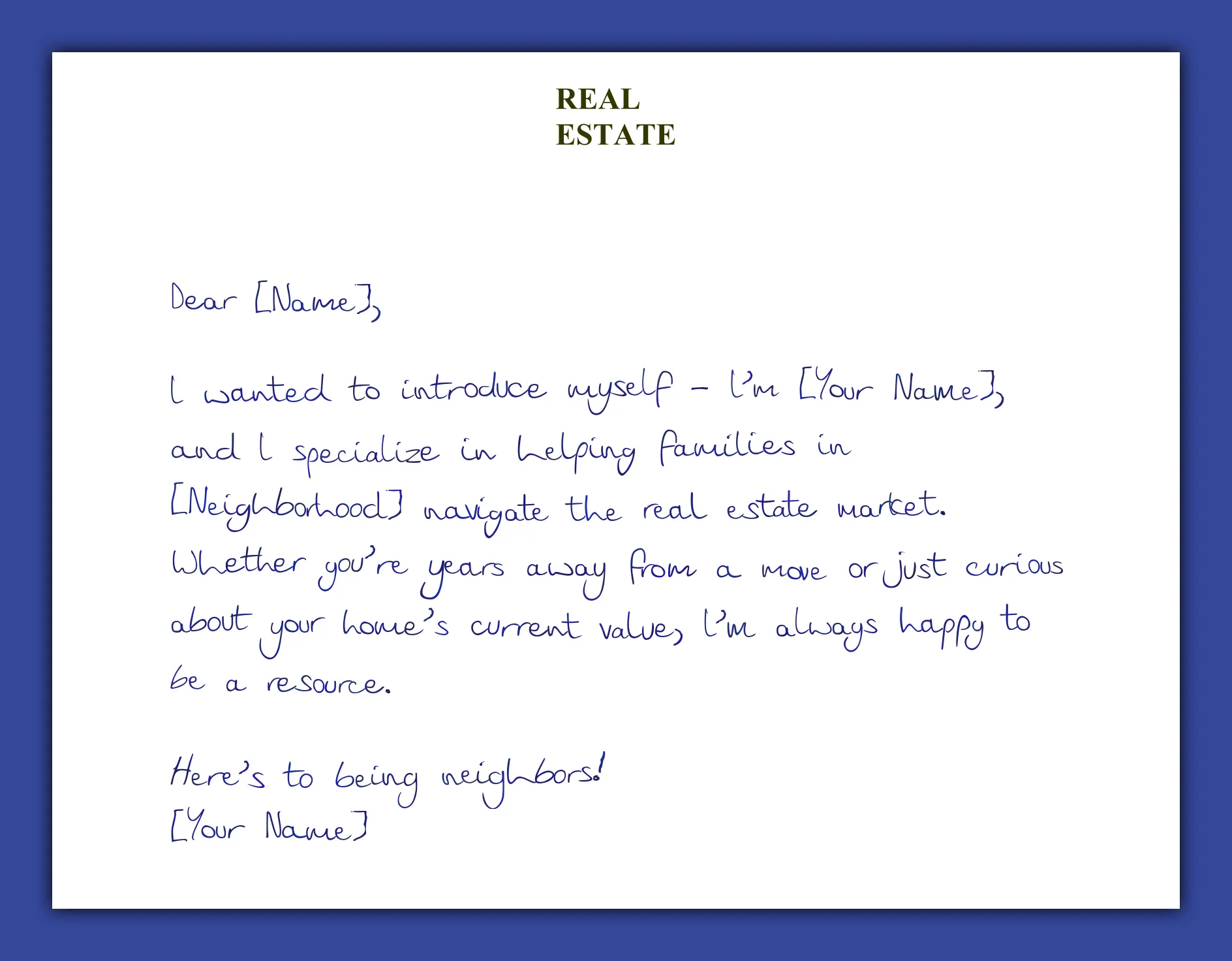 Introduction handwritten greeting card example for real estate agents