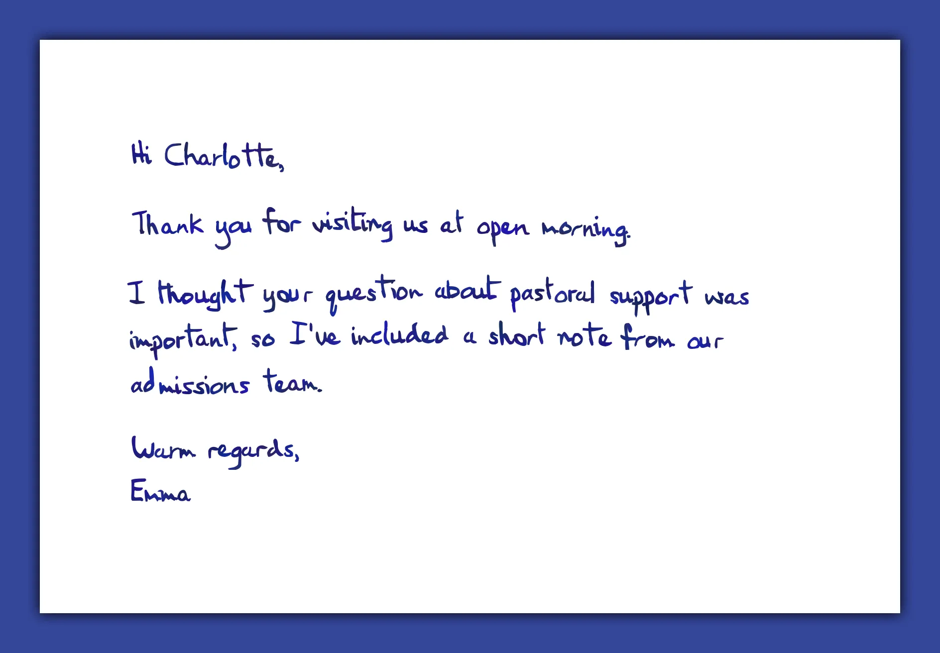 Private school admissions follow-up handwritten note example