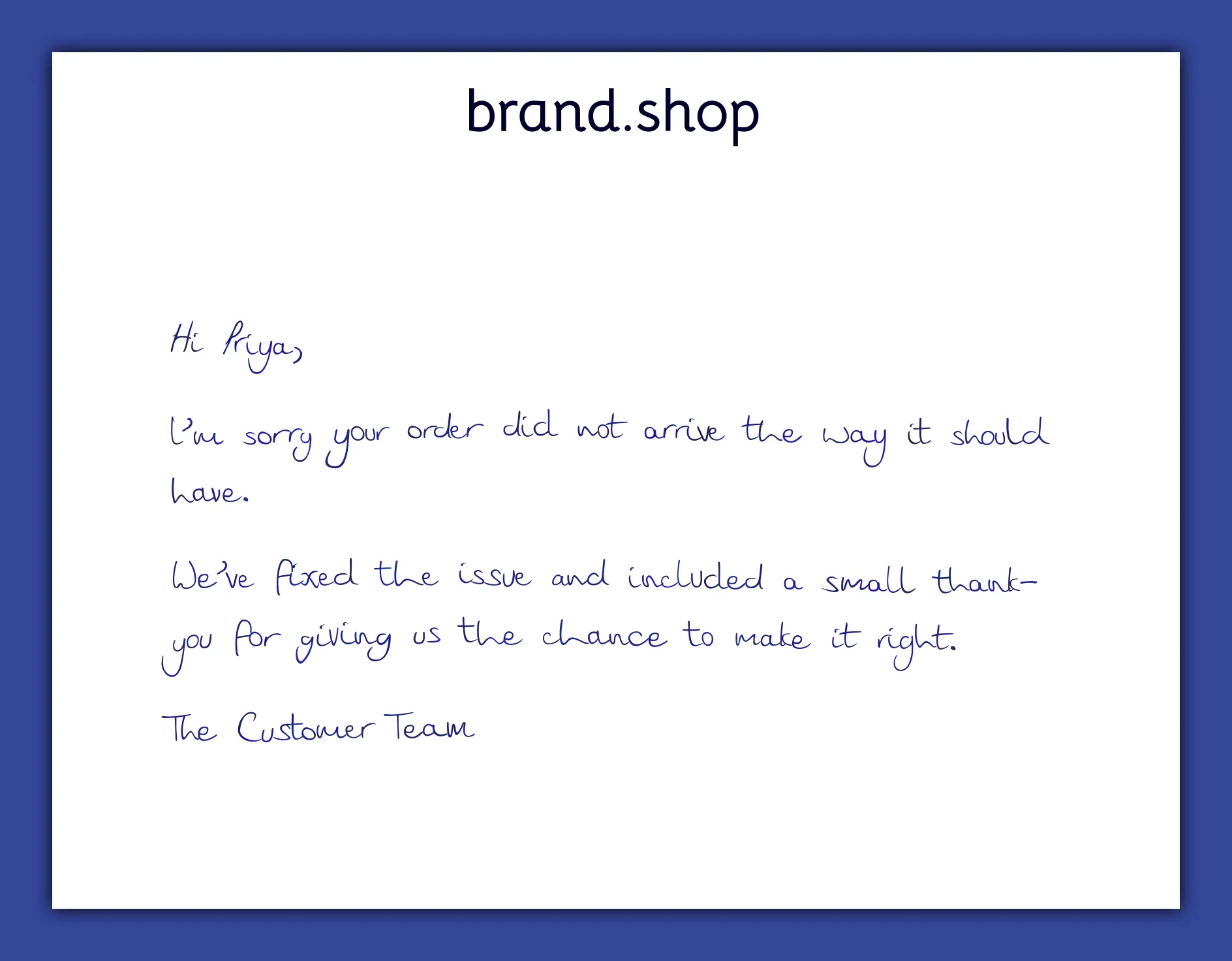 eCommerce service recovery handwritten note example