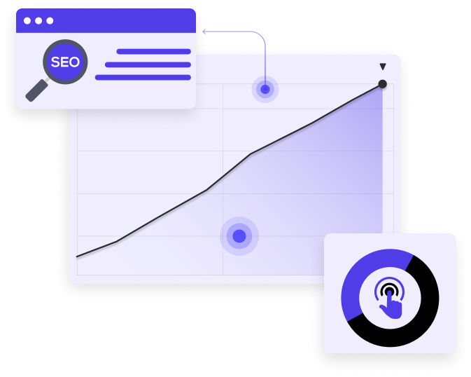 A laptop screen displaying a website analytics tool with graphs showing backlink profile, organic search traffic, and metrics over time. two trend lines (orange and blue) indicate changes across months.