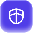 White shield icon on a rounded purple square background with a shadow.