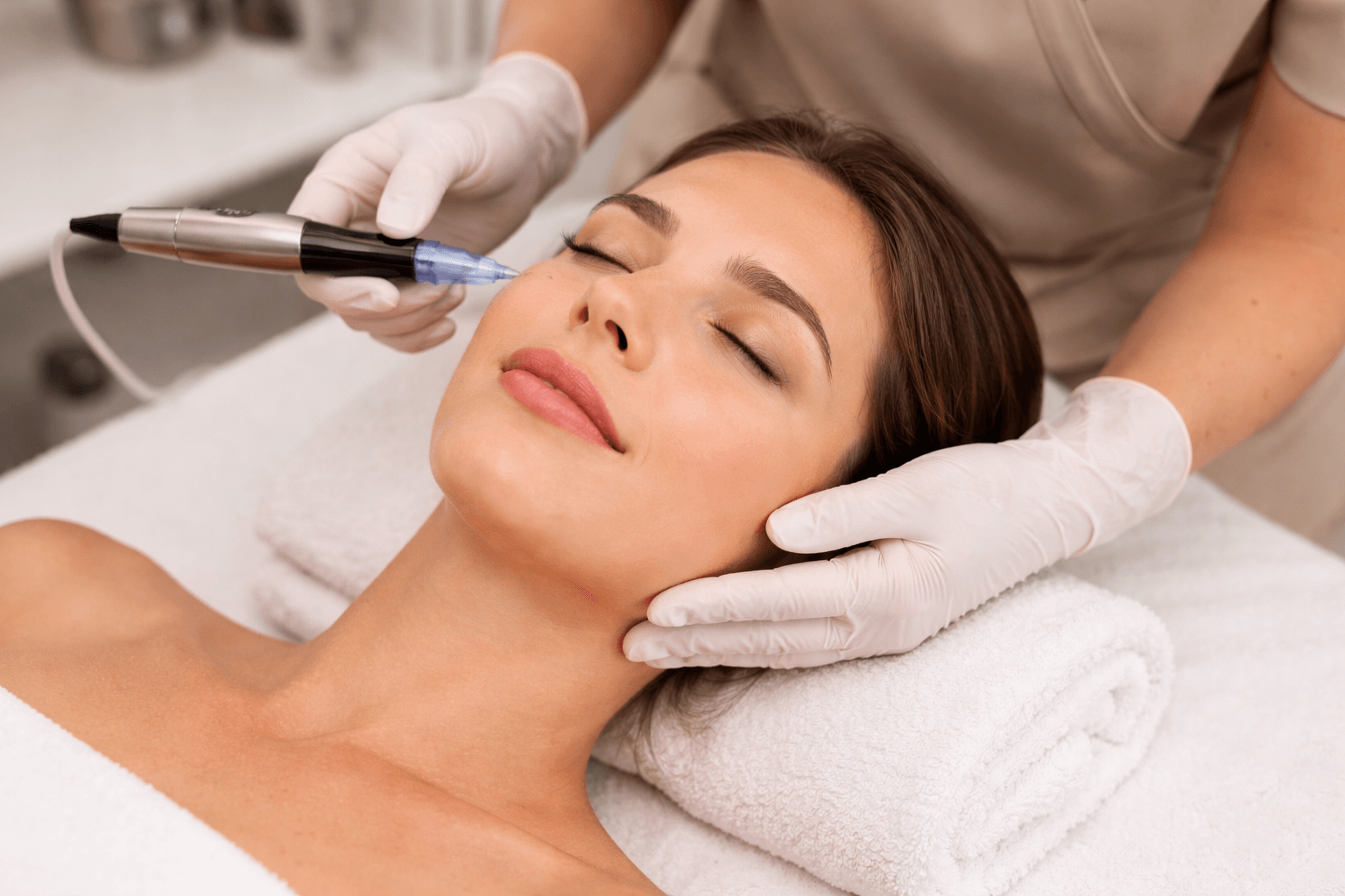 Woman receiving professional microneedling treatment in McMurray, Pennsylvania, at Ageless Skin and Beauty
