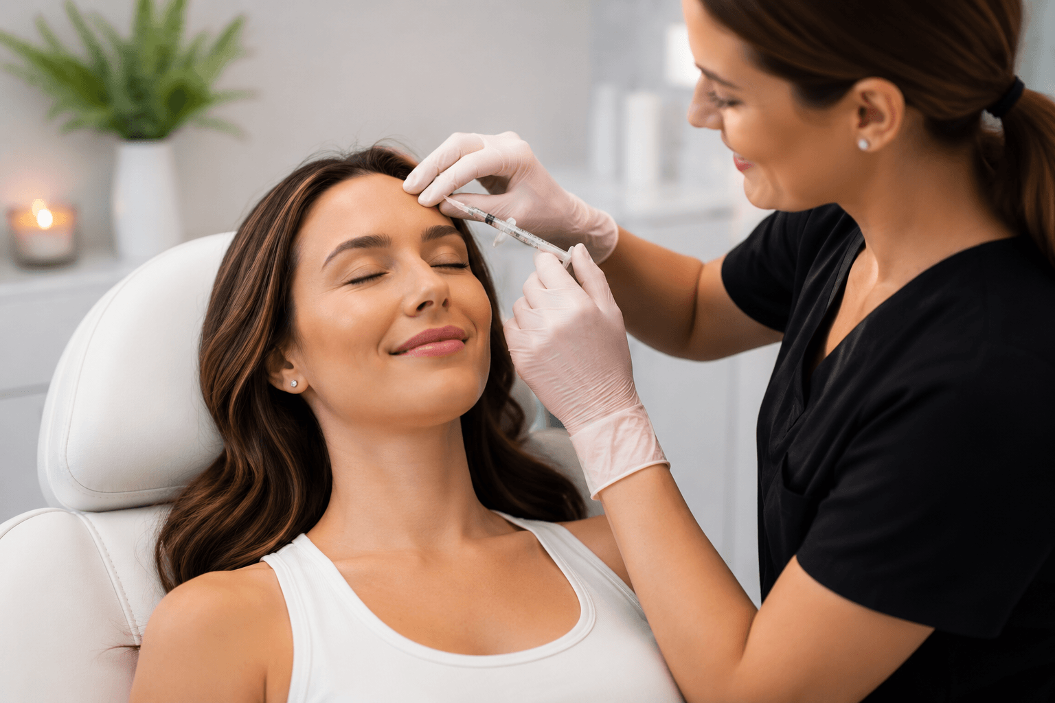 Woman smiling calmly during a professional Botox consultation in McMurray, Pennsylvania before receiving cosmetic injectable treatment.
