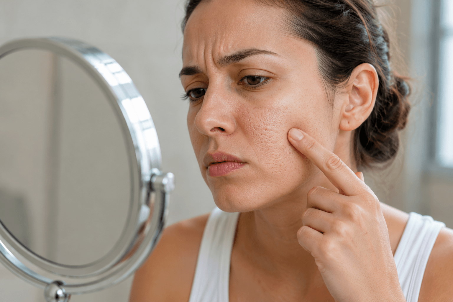 Esthetician performing RF microneedling on a woman's cheek to treat enlarged pores and skin texture in McMurray, Pennsylvania