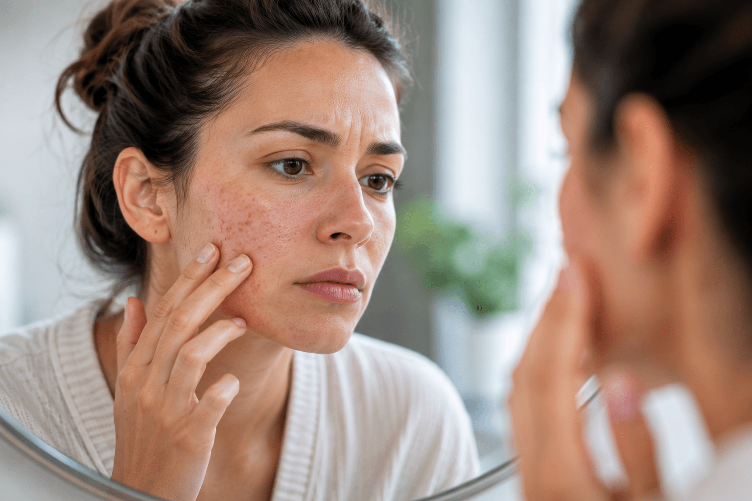 Woman examining blotchy, uneven skin tone before SkinPen microneedling treatment in McMurray, Pennsylvania