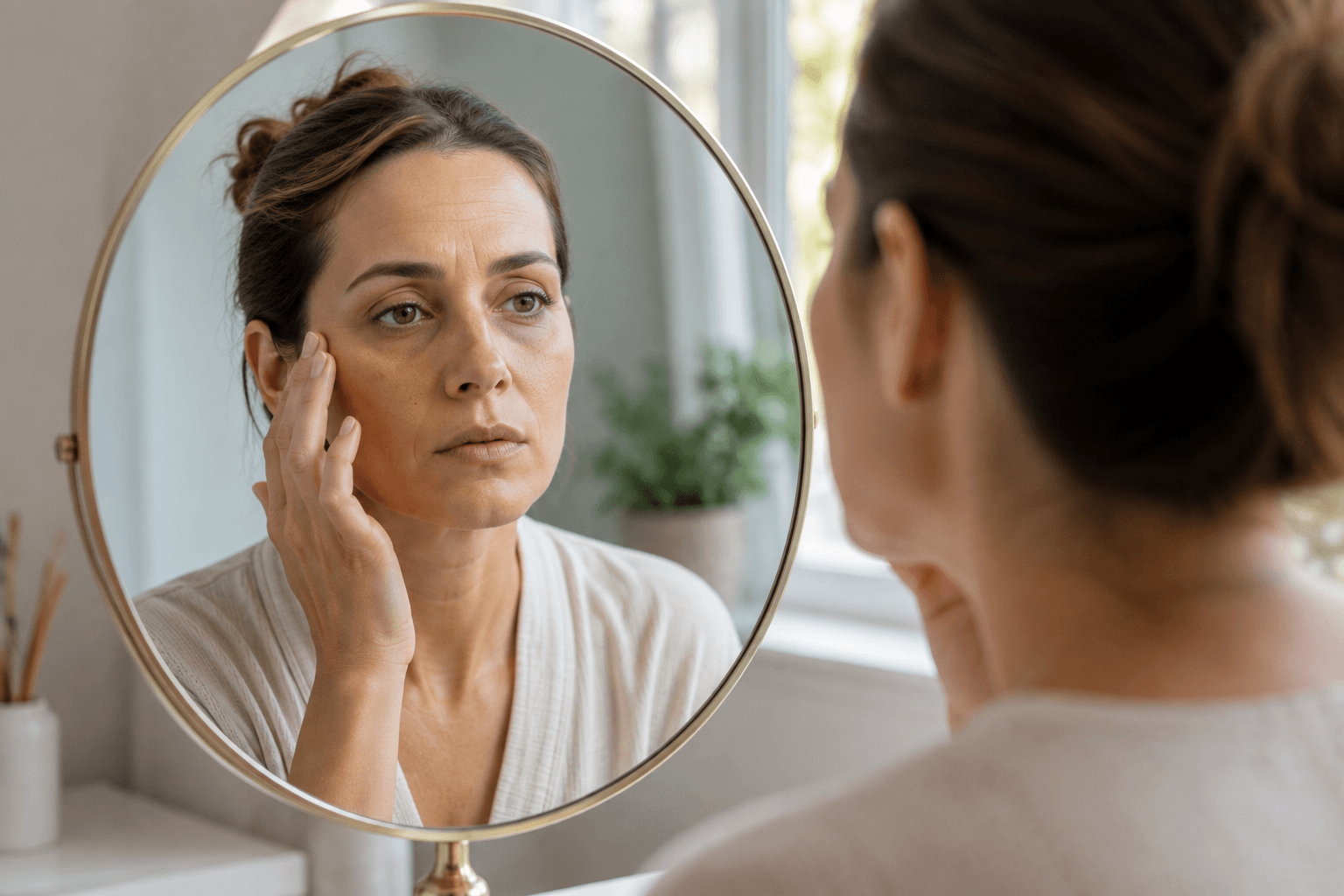 Woman evaluating hollow cheeks and facial volume loss before Sculptra treatment in McMurray, Pennsylvania