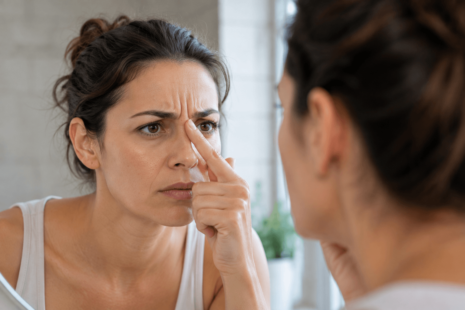 Woman examining vertical frown lines between her eyebrows before Botox treatment in McMurray, Pennsylvania
