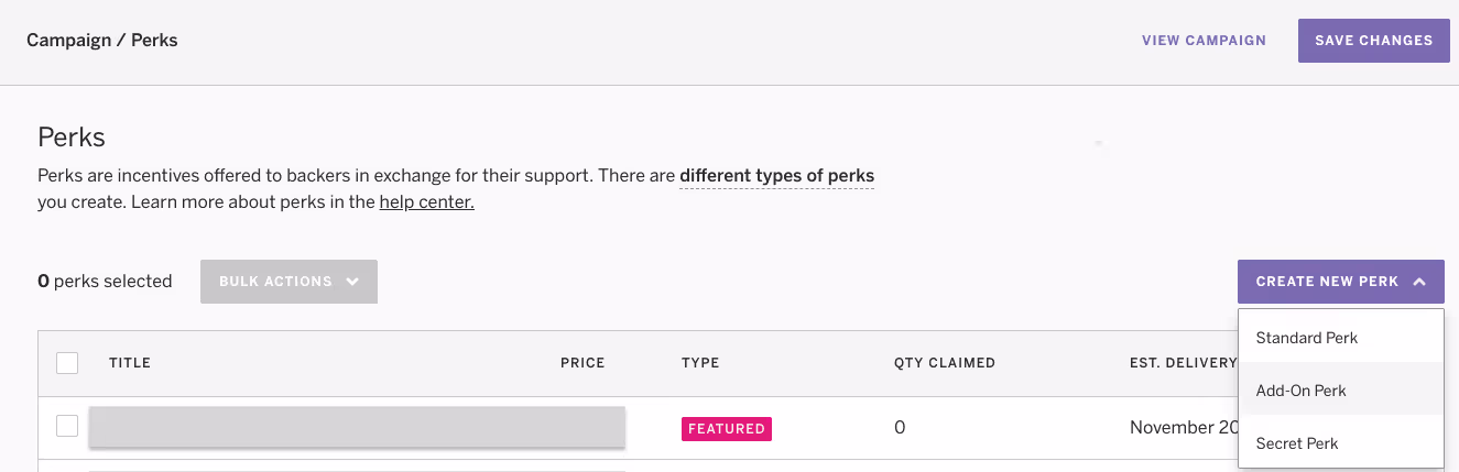 Indiegogo Perks Types