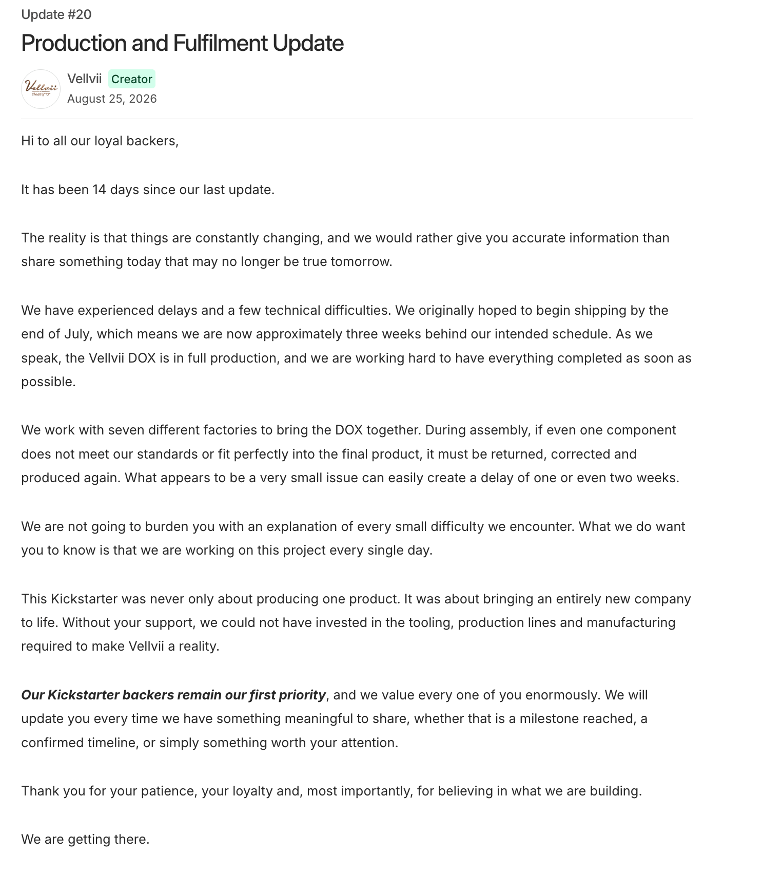 Vellvii production and fulfilment update message