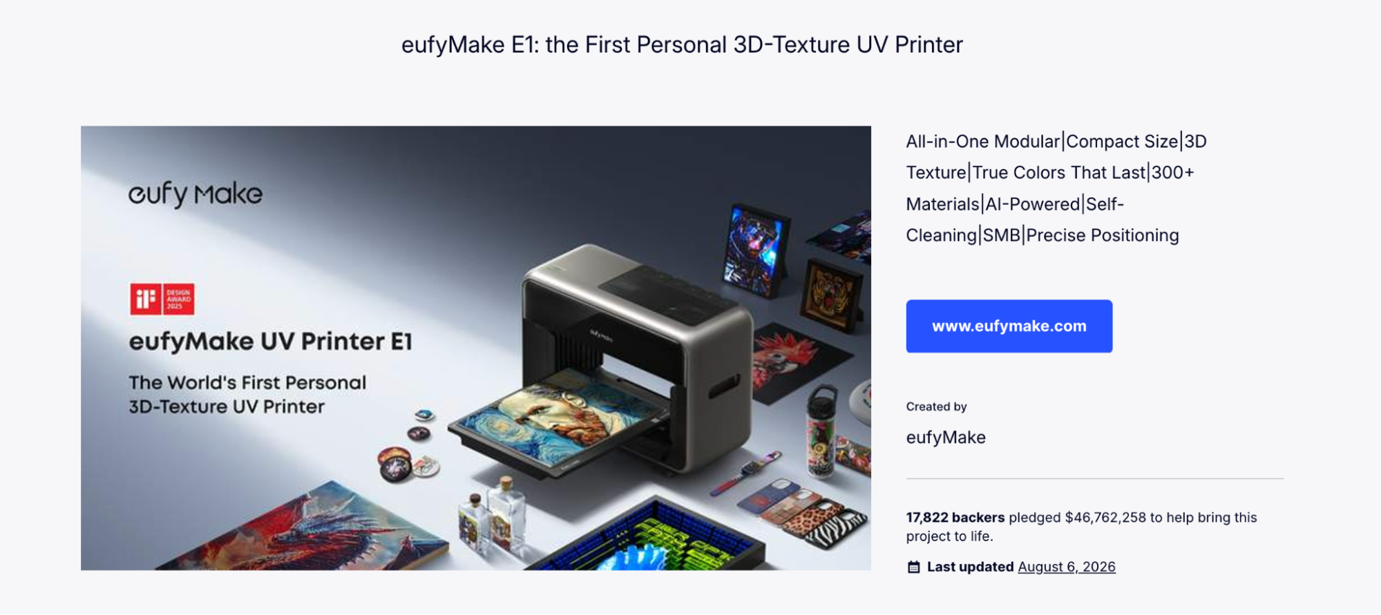eufyMake E1 Kickstarter campaign page