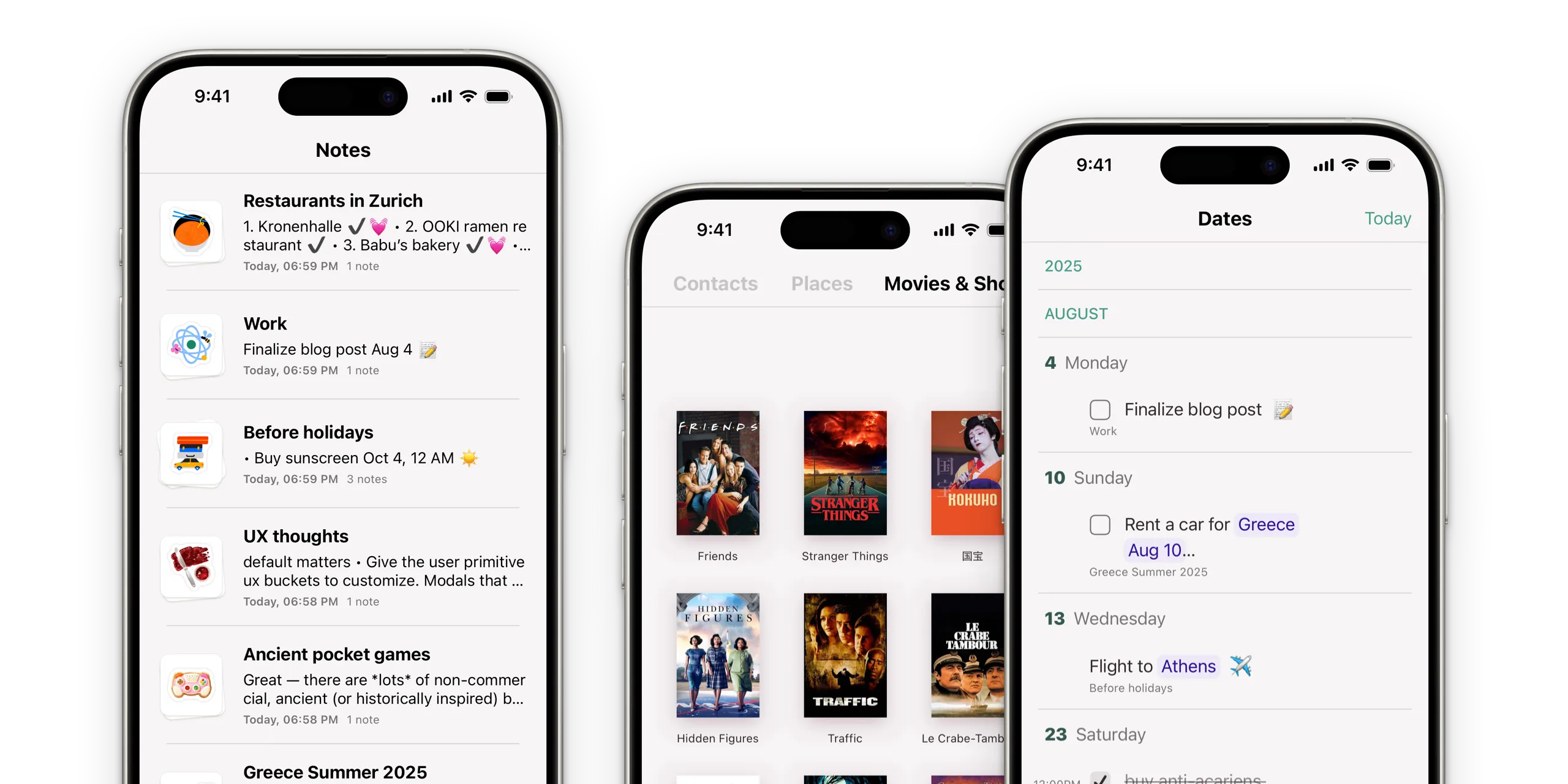 Three smartphones displaying Popt: an all notes tab, a Movies & Shows tab with popular movie posters, and a Dates tab.
