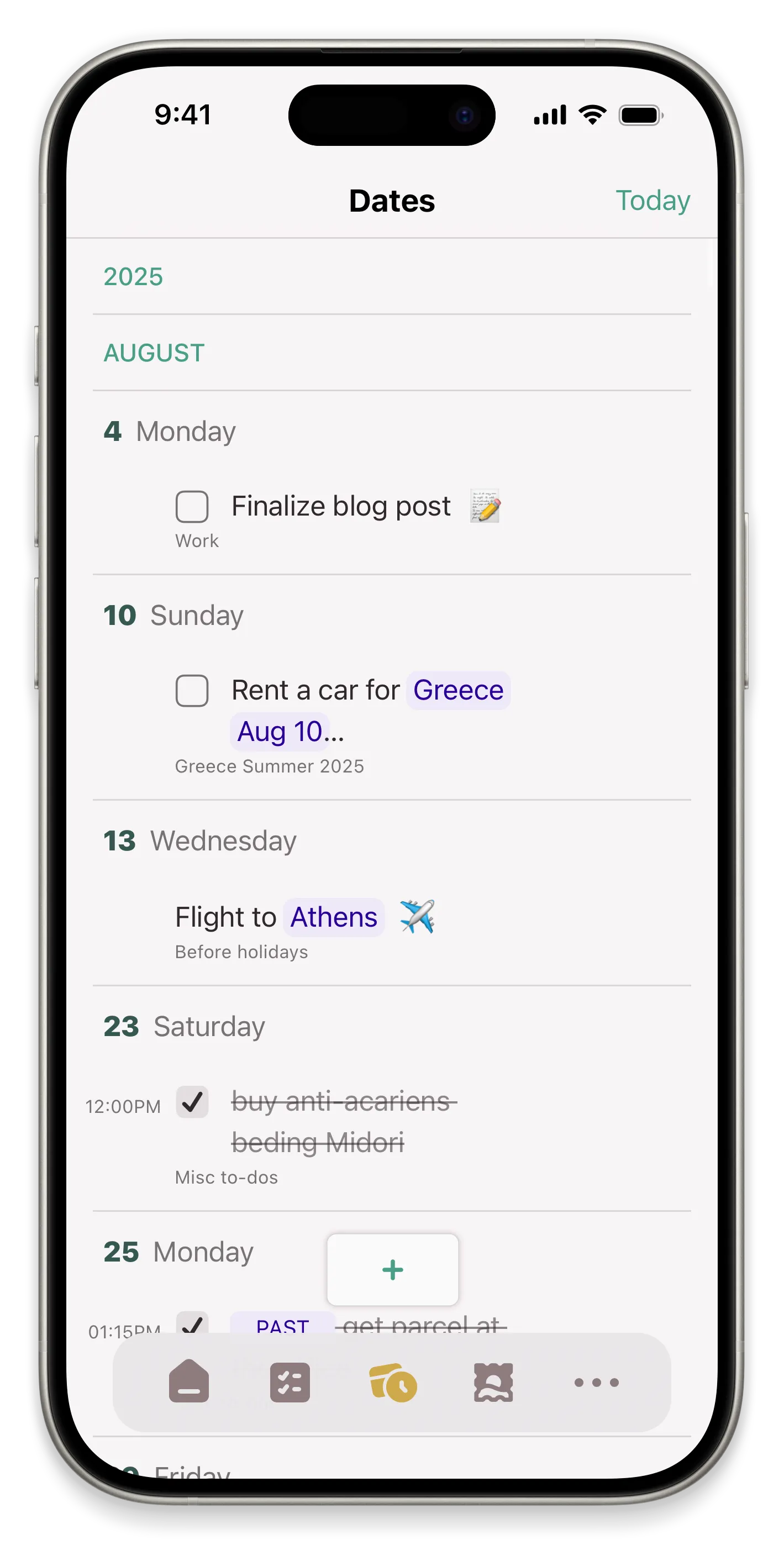 Screen showing excerpts of multiple notes that were tagged with dates in a timeline
