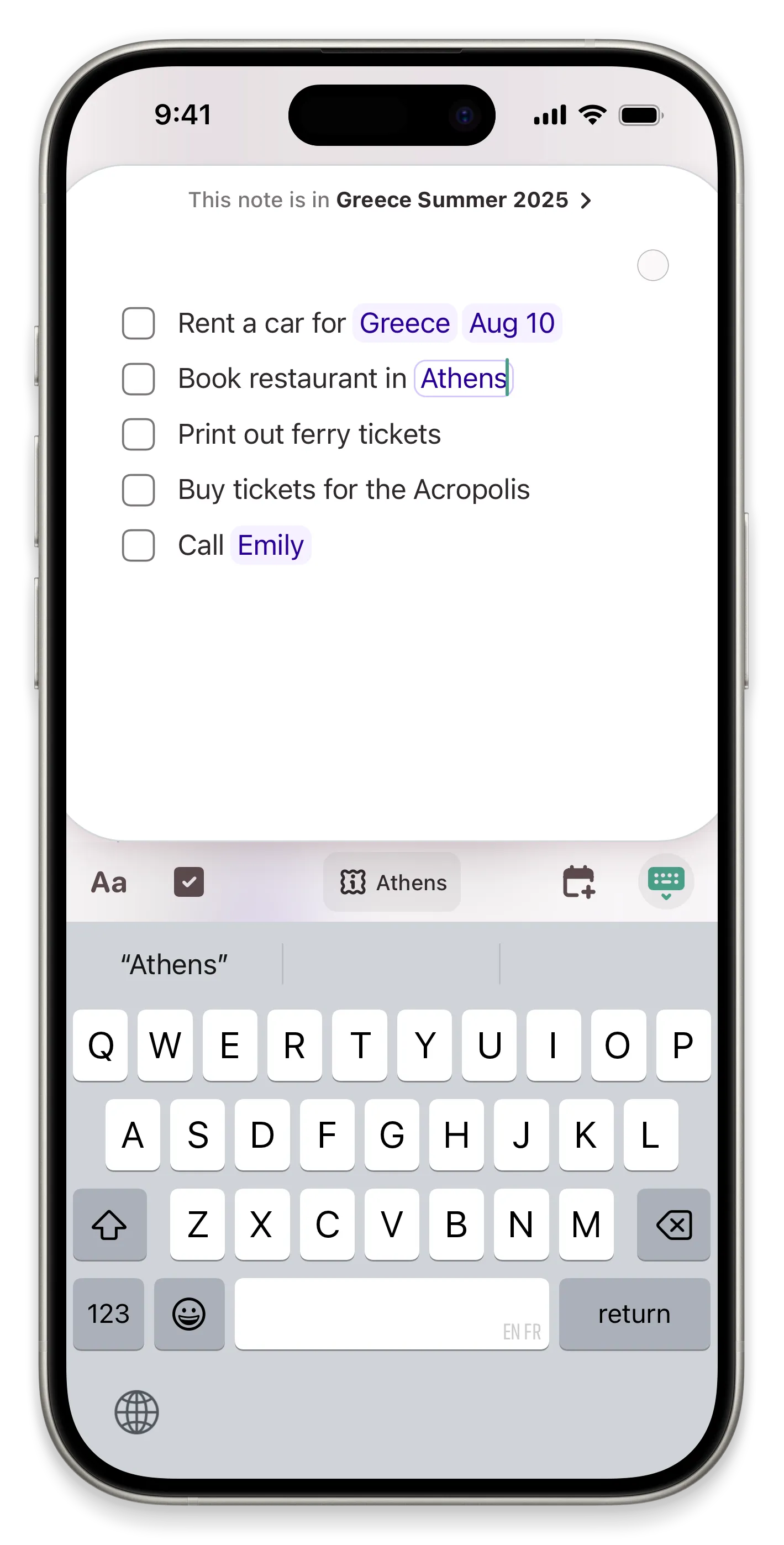 Smartphone screen displaying a Greece Summer 2025 checklist