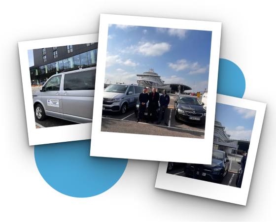 A collection of images styled like polaroid pictures of the cars and drivers.