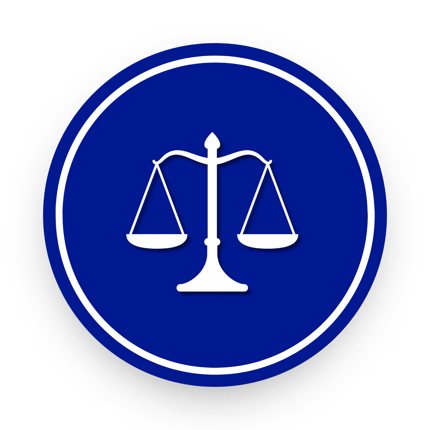 White balance scales icon inside a white circular border on a dark blue circular background.