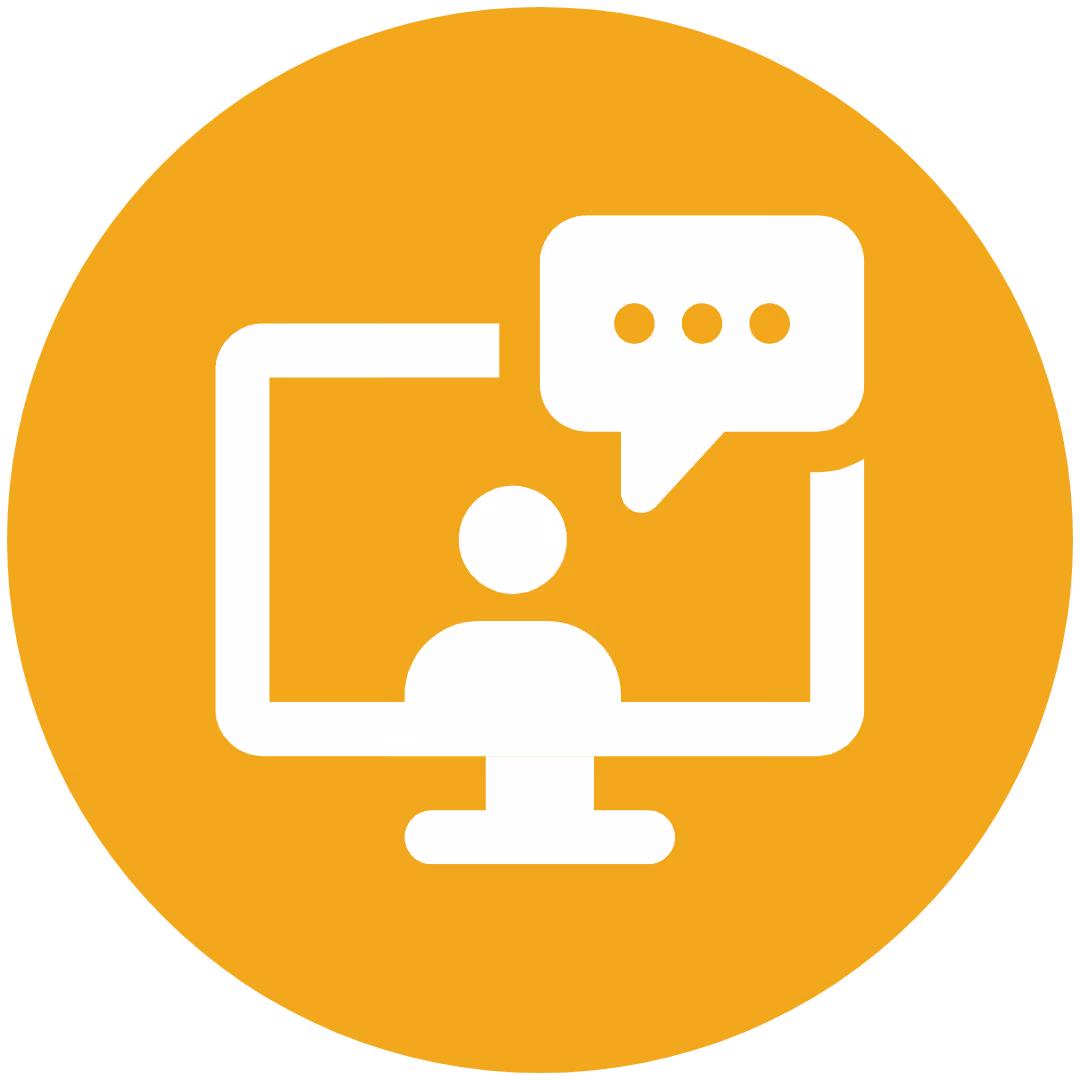 White computer monitor icon with a person silhouette and speech bubble on an orange circle background.