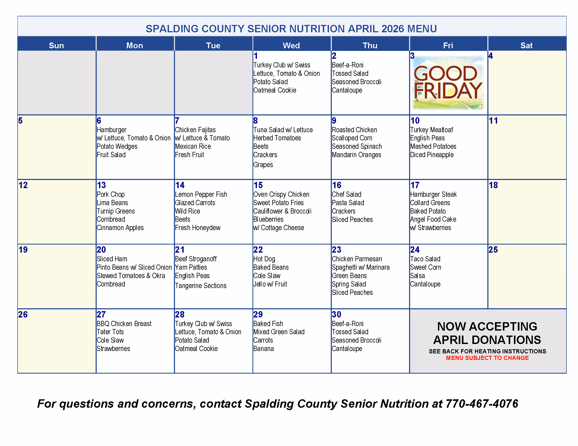 Spalding County Senior Nutrition April 2026 menu calendar listing daily meals including Turkey Club, Beef-a-Roni, Chicken Fajitas, Tuna Salad, Roasted Chicken, Turkey Meatloaf, Pork Chop, Lemon Pepper Fish, Oven Crispy Chicken, Chef Salad, Hamburger Steak, Beef Stroganoff, Hot Dog, Chicken Parmesan, Taco Salad, BBQ Chicken Breast, and Baked Fish.