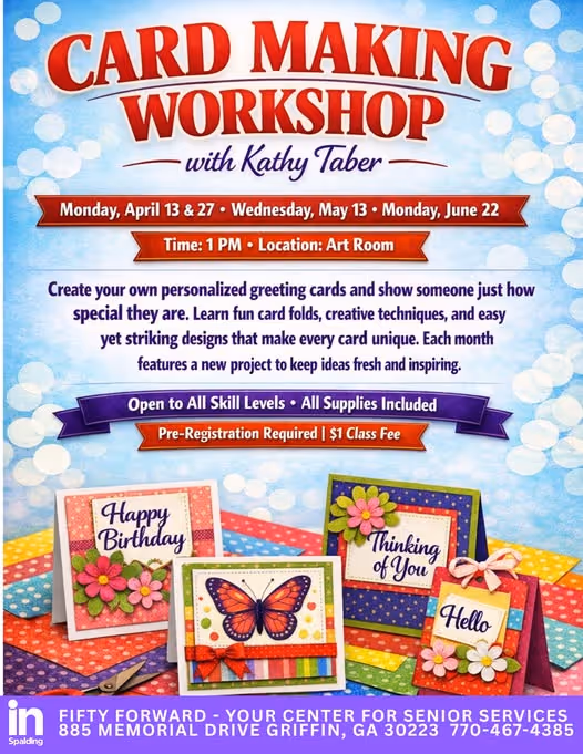 Card Making Workshop flyer with dates, time, location, and details, showing handmade greeting cards with floral and butterfly designs on a blue bokeh background.