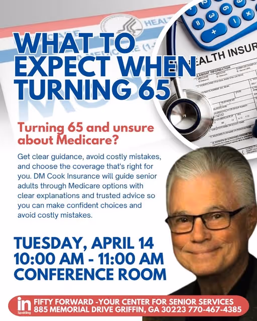 Flyer for a Medicare guidance event on Tuesday, April 14, 10-11 AM, featuring a smiling elderly man with glasses and information on avoiding costly Medicare mistakes.