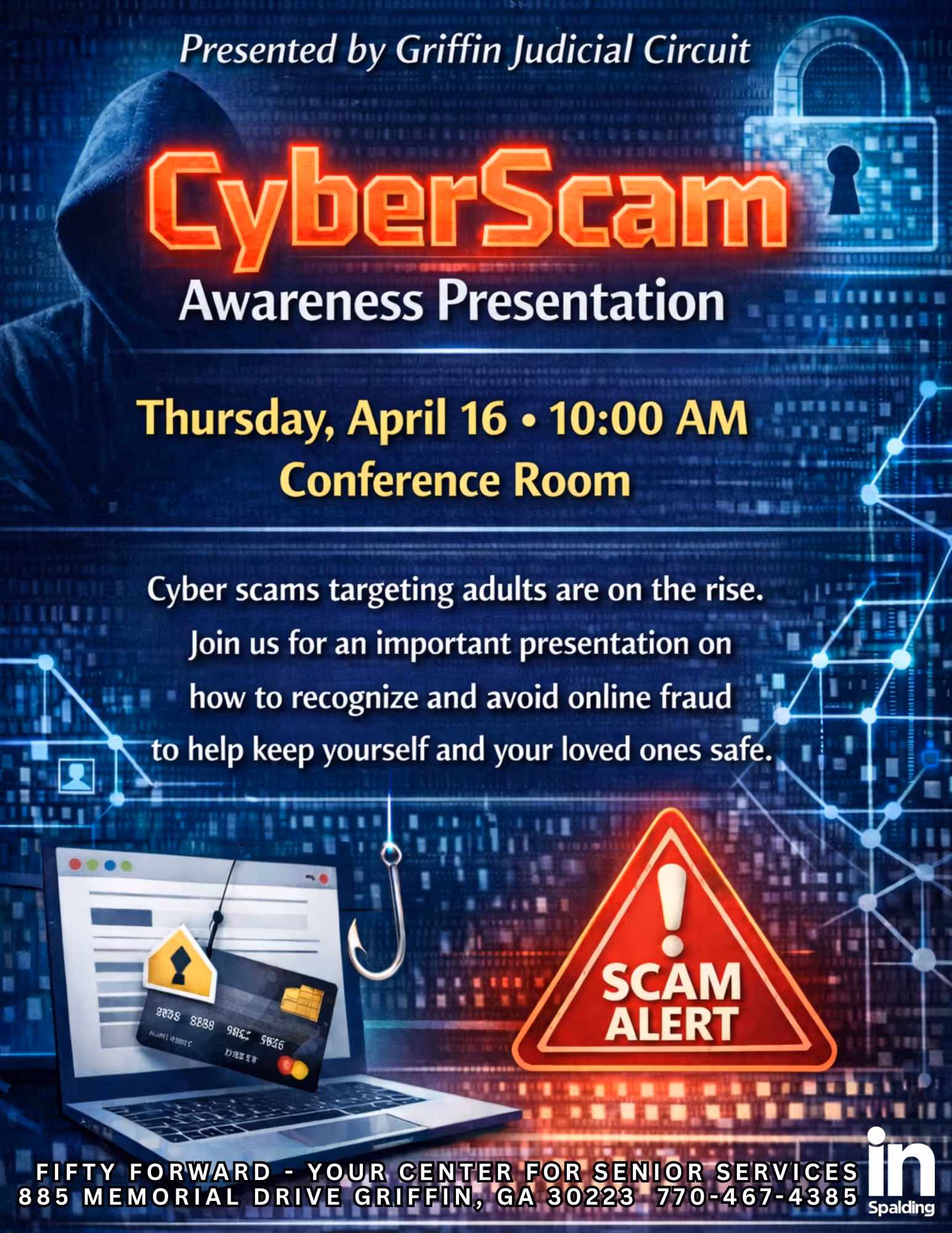 CyberScam Awareness Presentation flyer with hooded figure, laptop, phishing hook with credit card, and a red scam alert warning triangle.