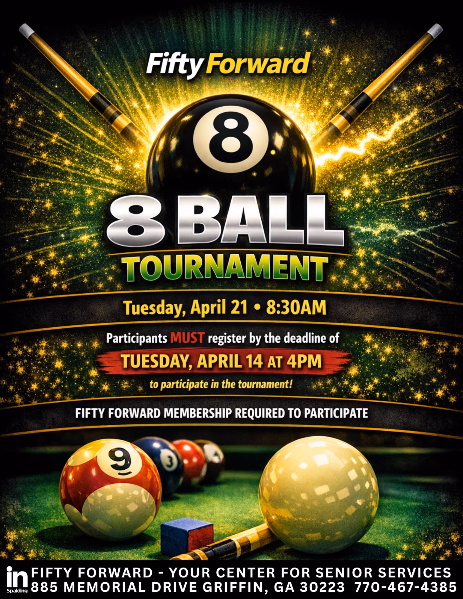 8 Ball Tournament poster by Fifty Forward with event details and billiard balls on a green felt table.