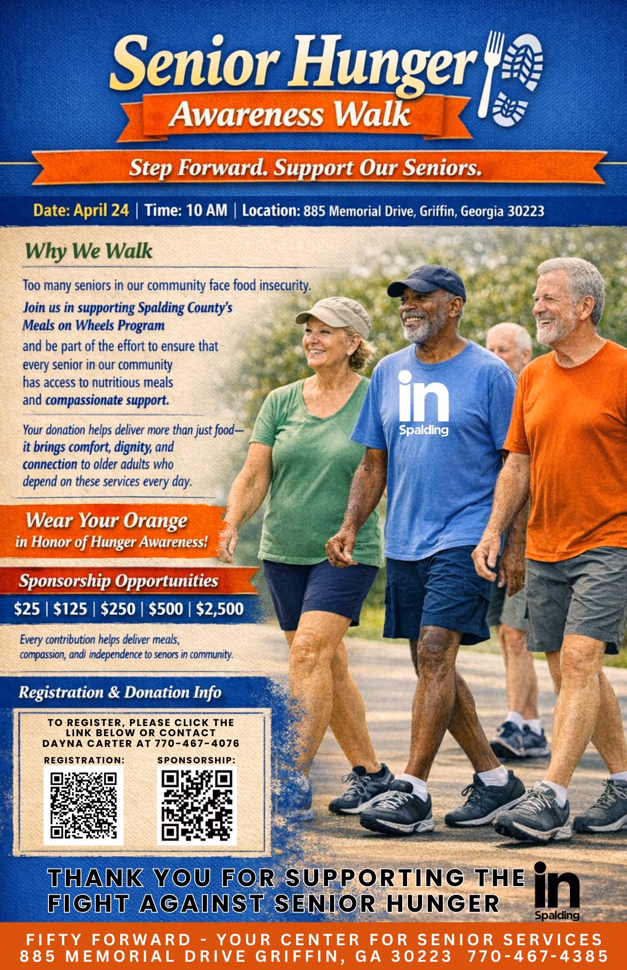Flyer for Senior Hunger Awareness Walk on April 24 at 10 AM in Griffin, Georgia, featuring three seniors walking outdoors and event details, sponsorship options, and contact information.