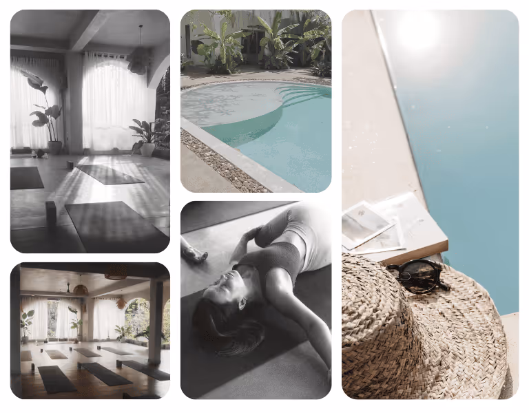 Collage aus Retreat-Elementen mit Yoga-Session, ruhigem Pool, lichtdurchflutetem Yogaraum und entspannten Sommerdetails – Einladung, ein eigenes Surfspirit-Retreat zu veranstalten.