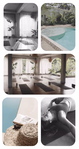 Collage aus Retreat-Elementen mit Yoga-Session, ruhigem Pool, lichtdurchflutetem Yogaraum und entspannten Sommerdetails – Einladung, ein eigenes Surfspirit-Retreat zu veranstalten.