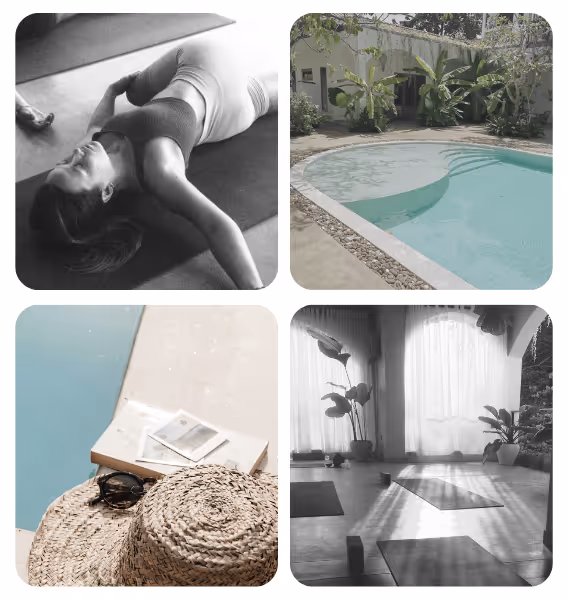 Collage aus Retreat-Elementen mit Yoga-Session, ruhigem Pool, lichtdurchflutetem Yogaraum und entspannten Sommerdetails – Einladung, ein eigenes Surfspirit-Retreat zu veranstalten.