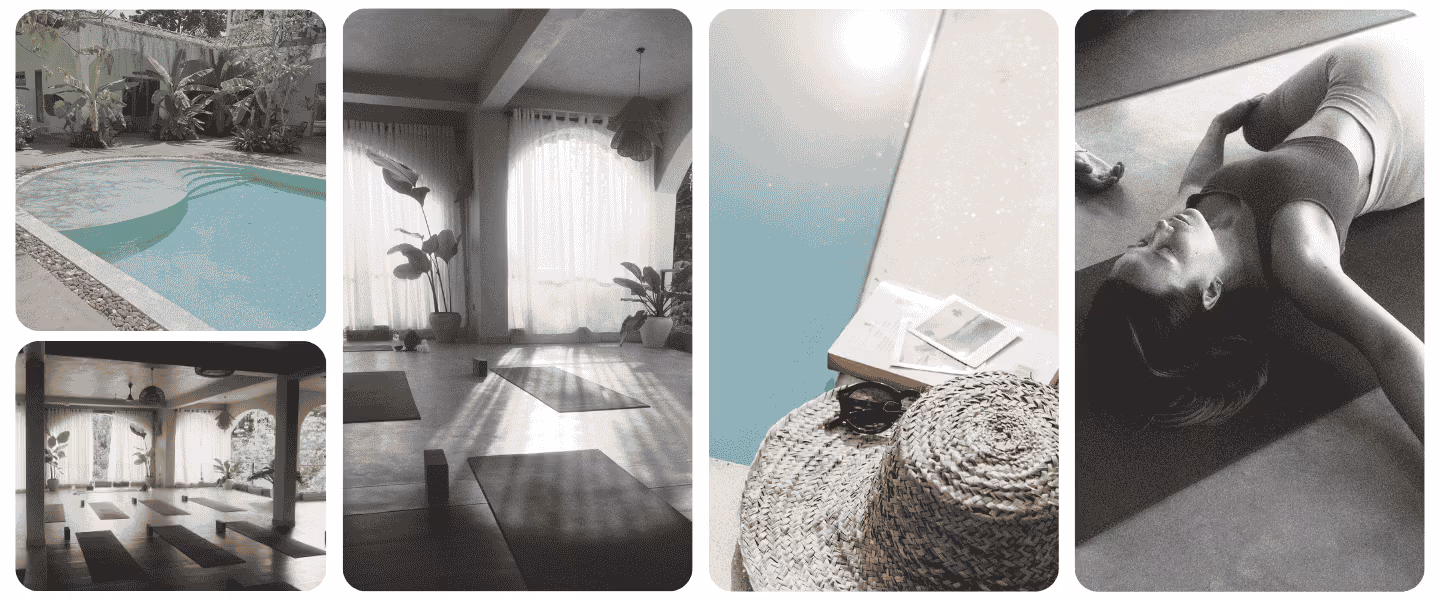 Collage aus Retreat-Elementen mit Yoga-Session, ruhigem Pool, lichtdurchflutetem Yogaraum und entspannten Sommerdetails – Einladung, ein eigenes Surfspirit-Retreat zu veranstalten.