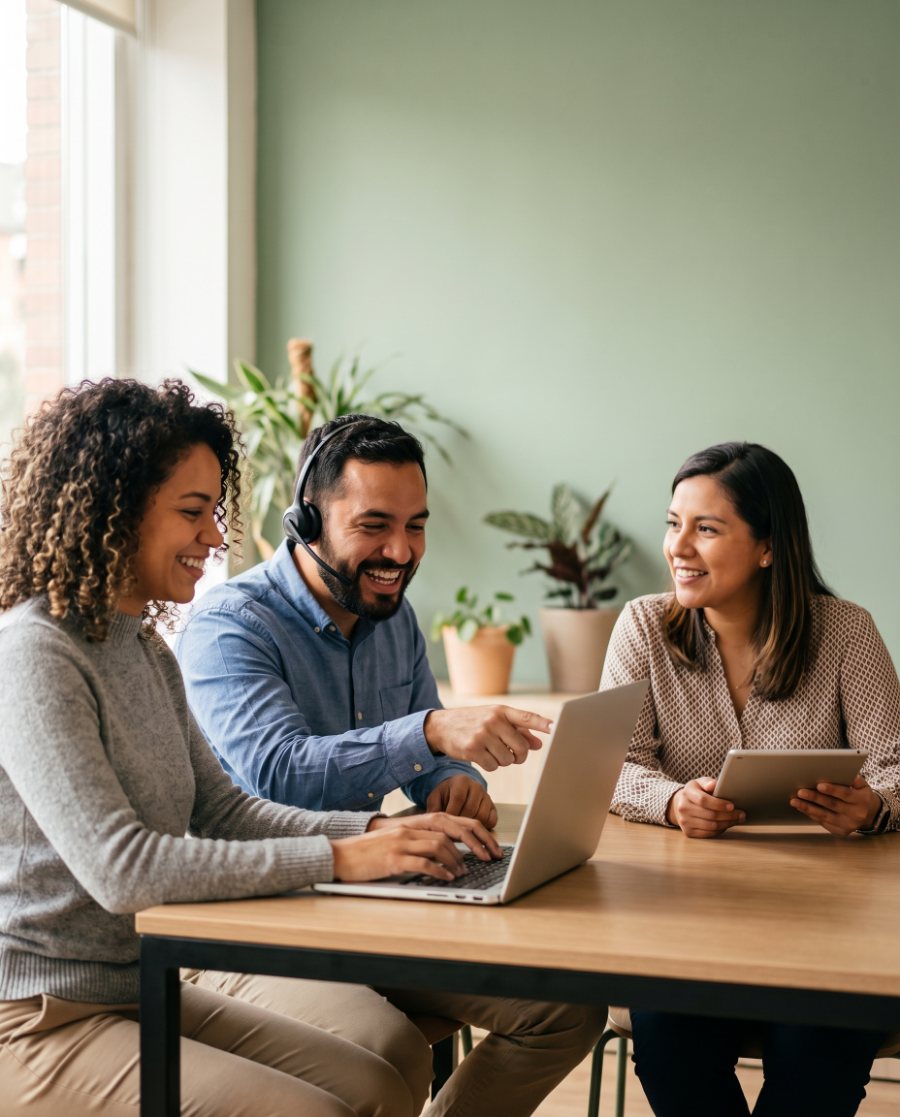 A developer, support specialist and operations coordinator placed by Deverr working together