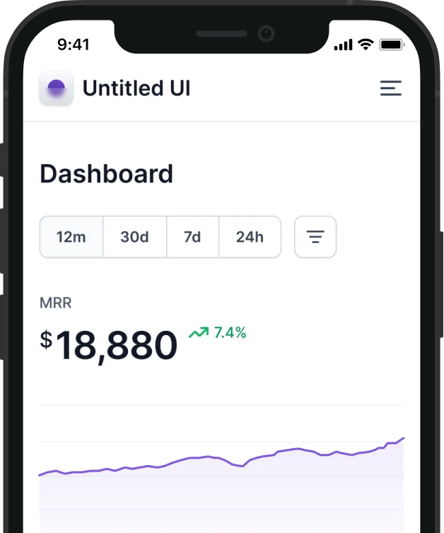 Interface de tableau de bord affichant un revenu mensuel récurrent de 18 880 $ avec une hausse de 7,4%.