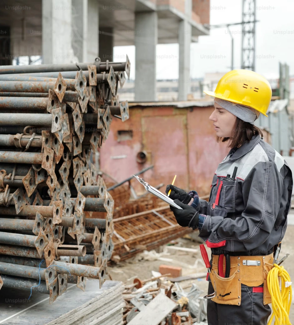 Une femme portant un casque de sécurité jaune vérifie une liste sur un chantier de construction.