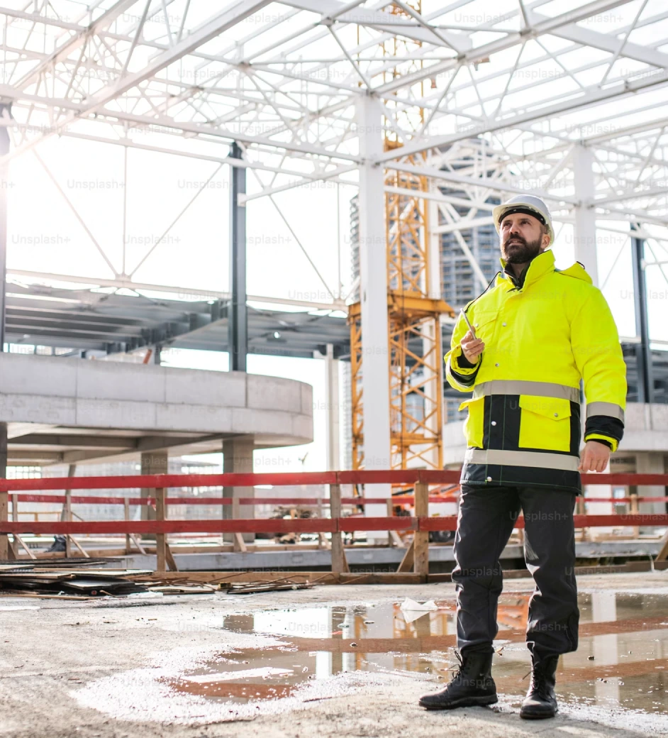 Un homme portant un casque et un manteau de sécurité jaune sur un chantier de construction.