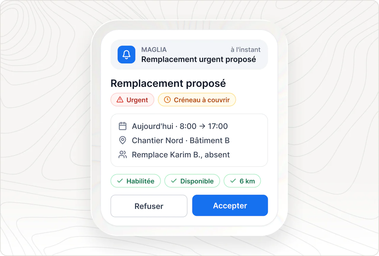 Notification mobile de remplacement urgent : créneau à couvrir aujourd'hui, profil habilité et disponible, accepter ou refuser.