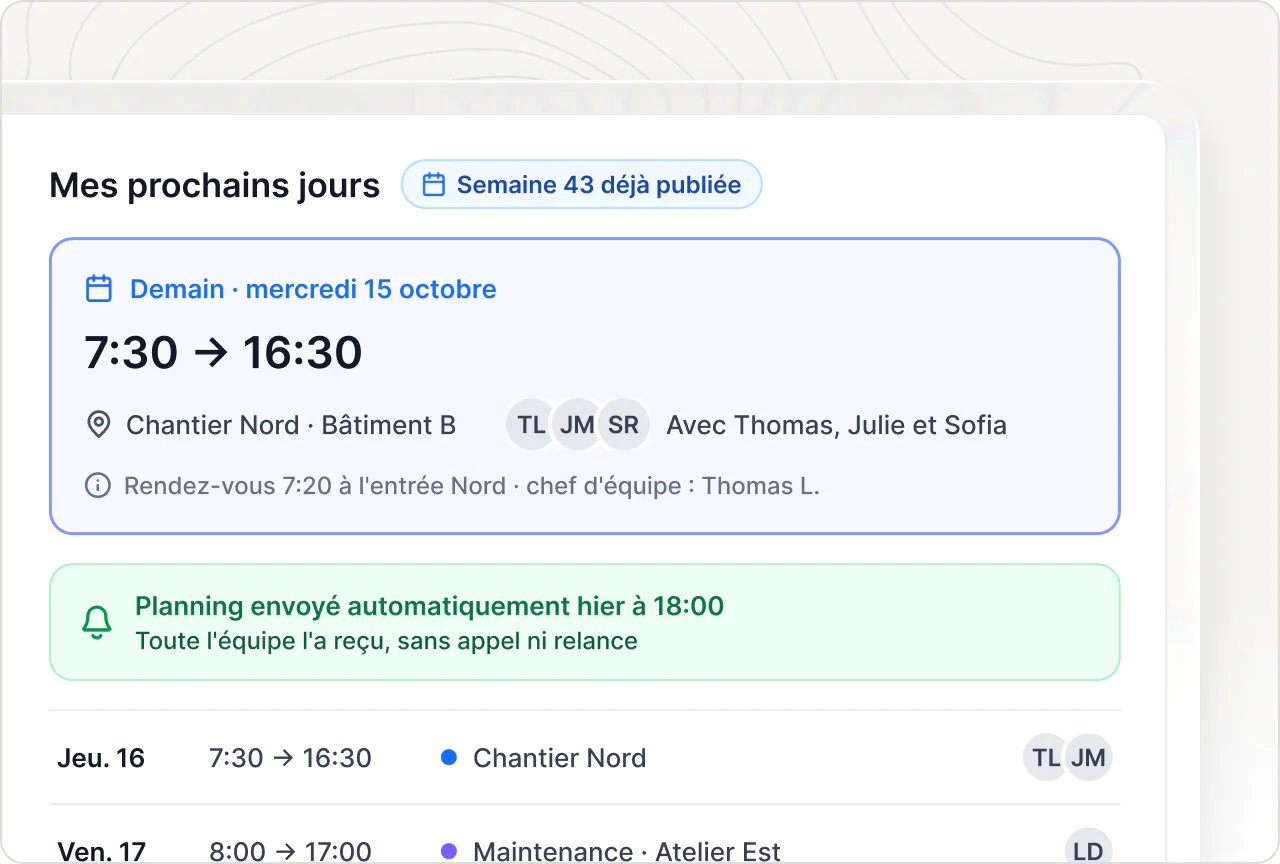 Vue mobile « Mes prochains jours » : horaires, lieu, coéquipiers et rendez-vous, planning envoyé automatiquement la veille.