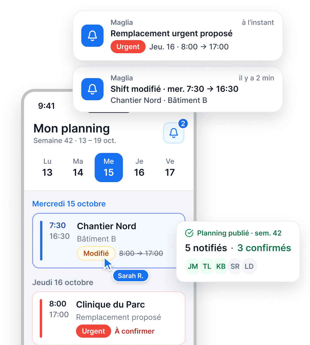Application mobile Maglia : planning de la semaine, notifications de shift modifié et de remplacement urgent, suivi des confirmations de l'équipe