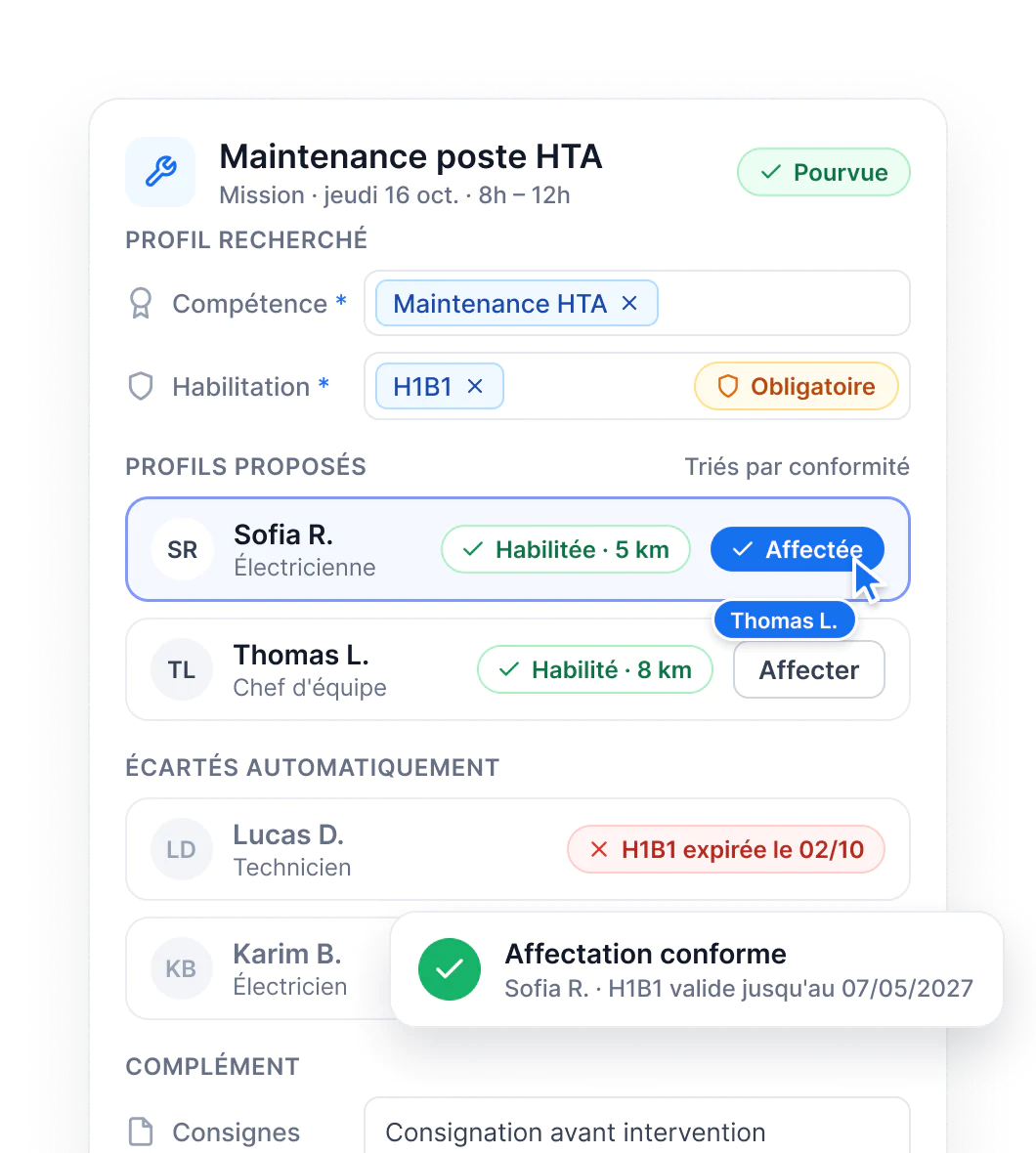 Affectation d'une mission de maintenance HTA par Maglia : compétence et habilitation requises, profils conformes proposés, profils écartés avec leur motif