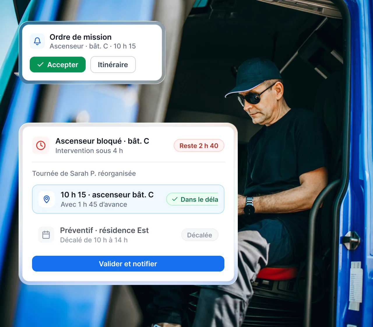Interface Maglia : panne urgente avec le temps restant avant l’échéance et ordre de mission reçu sur mobile