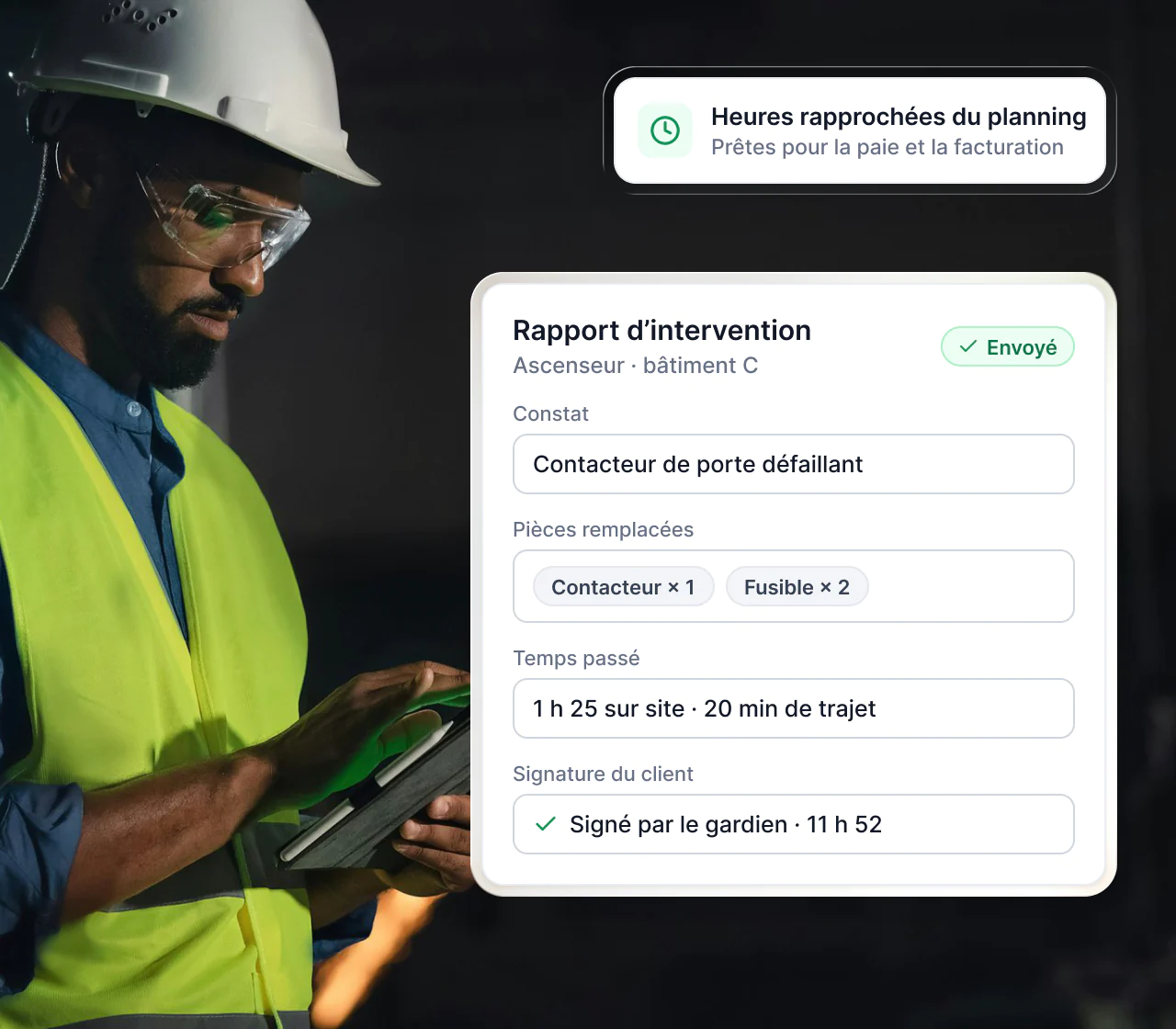 Interface Maglia : rapport d’intervention rempli sur mobile avec pièces remplacées et signature du client