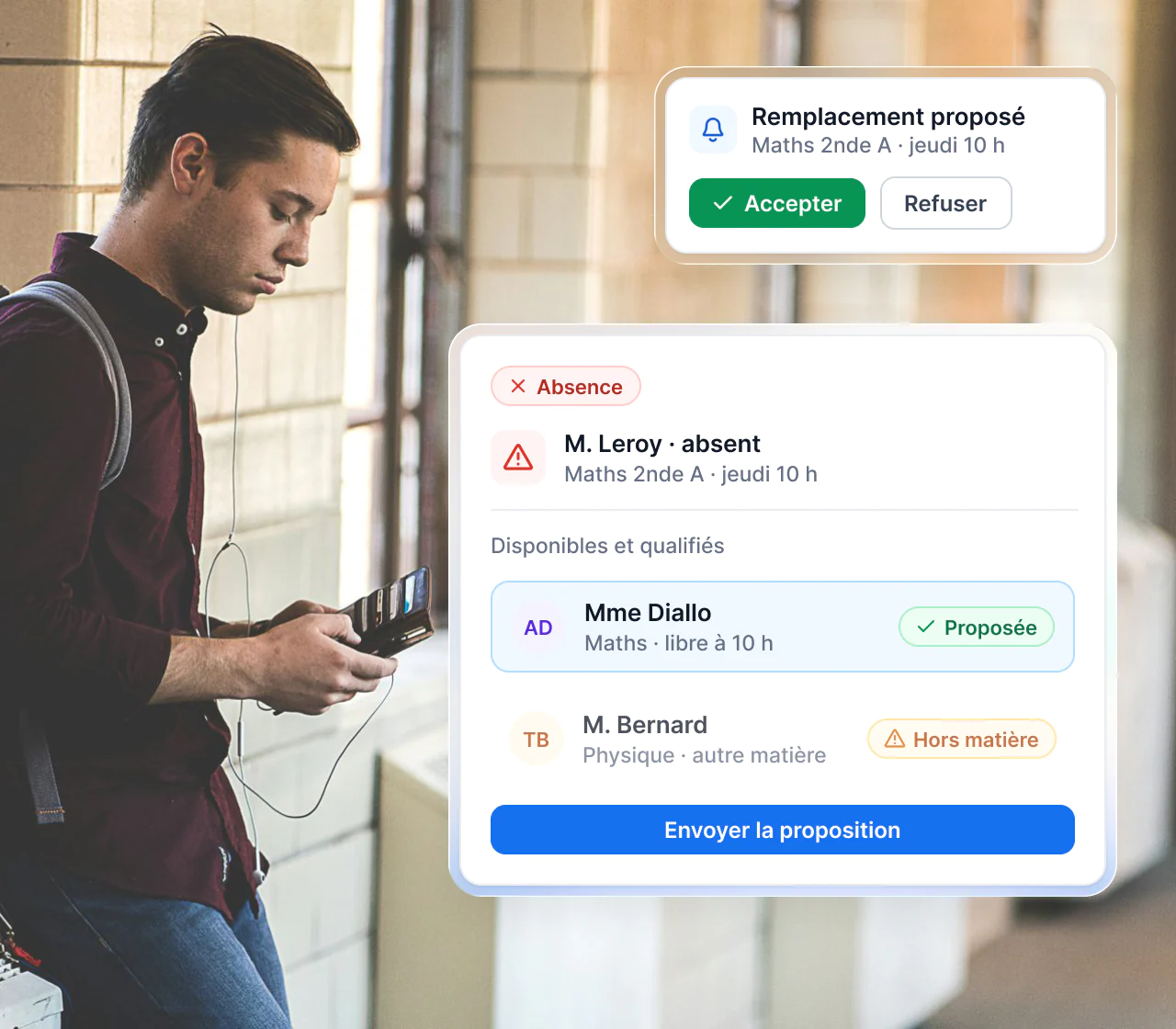 Interface Maglia : cours d’un enseignant absent remplacé par un collègue qualifié qui accepte sur mobile
