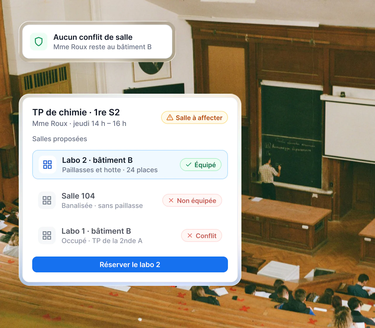 Interface Maglia : salles affectées aux cours selon leurs équipements, sans conflit