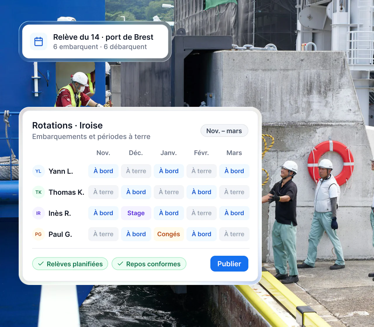 Interface Maglia : rotations d’embarquement de plusieurs marins sur un trimestre, relèves planifiées