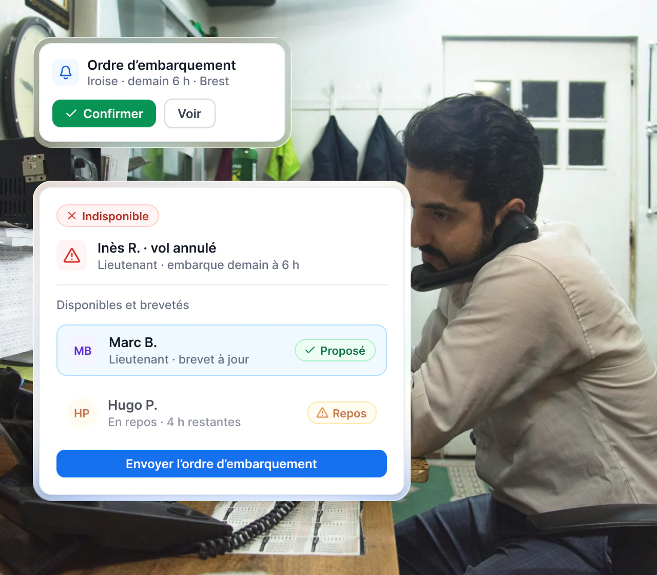 Interface Maglia : marin indisponible remplacé par un officier qualifié qui confirme son embarquement sur mobile