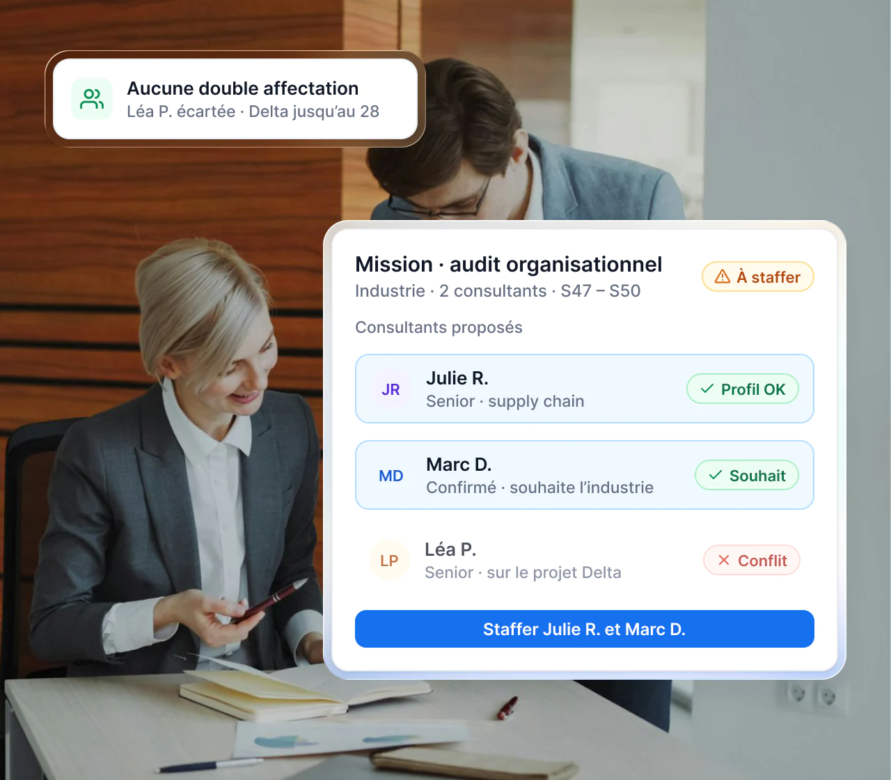 Interface Maglia : staffing d’une mission avec les consultants proposés selon leurs compétences