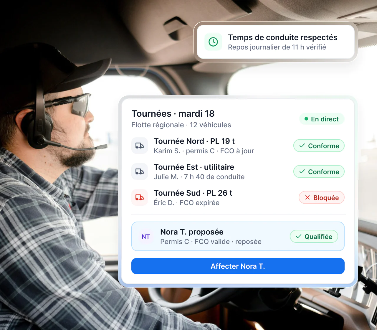 Interface Maglia : conducteurs affectés à des véhicules et des tournées, temps de conduite contrôlés